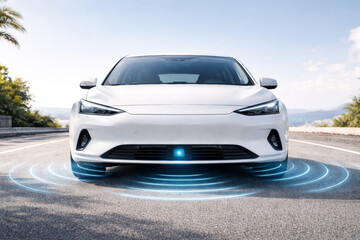 Fototapeta premium Modern white electric car with advanced technology and sensors