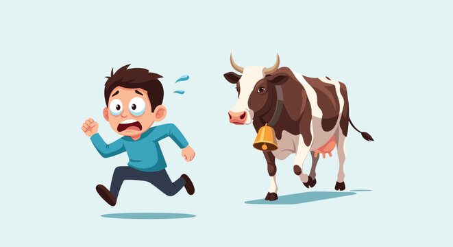 Terrified young boy runs away as fast as possible from a large farm cow with a bell around its neck in a humorous cartoon scene.