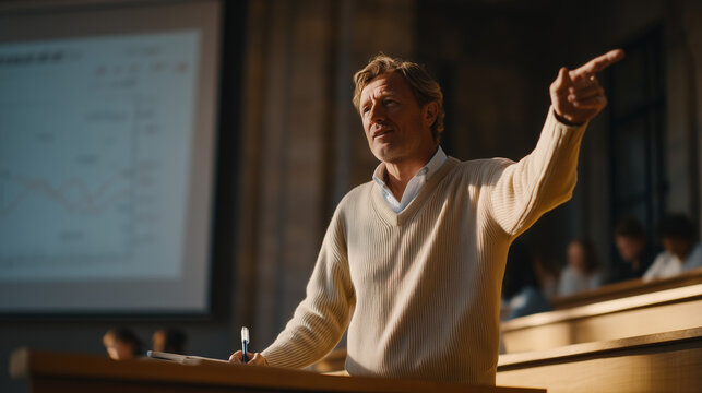 University seminar room where a professor gestures toward a projected slide showing hallucination frequency benchmarks across model versions, students taking notes in tiered seating, afternoon light