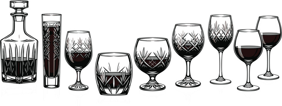 Vintage Crystal Wine and Whiskey Glass Collection Set with Decanter and Stemware for Bar, Restaurant, and Luxury Design Projects
