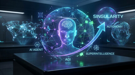 Fototapeta premium Futuristic 3D Hologram Visualization of Artificial General Intelligence Agent with Complex Data Stream Symbolizing Superintelligence Autonomy and Technological Singularity Growth
