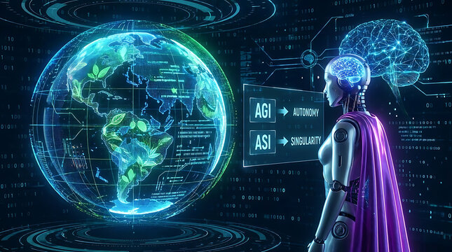 Futuristic digital globe of Earth constructed from complex data network streams representing global AI agent technology artificial general intelligence and superintelligence for autonomous growth
