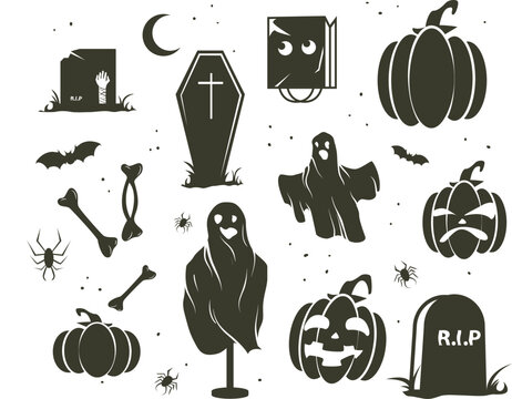 Halloween sticker set featuring spooky pumpkins ghosts tombstones bats spiders and bones for seasonal holiday decorations