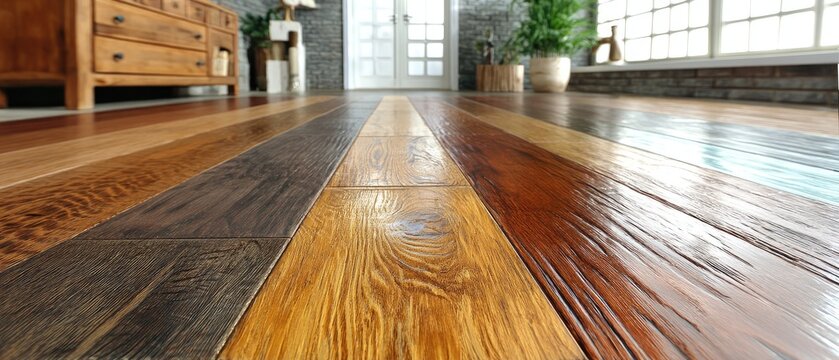 Showcasing wood flooring samples in a fan shape on hardwood floor in a bright interior with a wooden dresser and a plant in the background