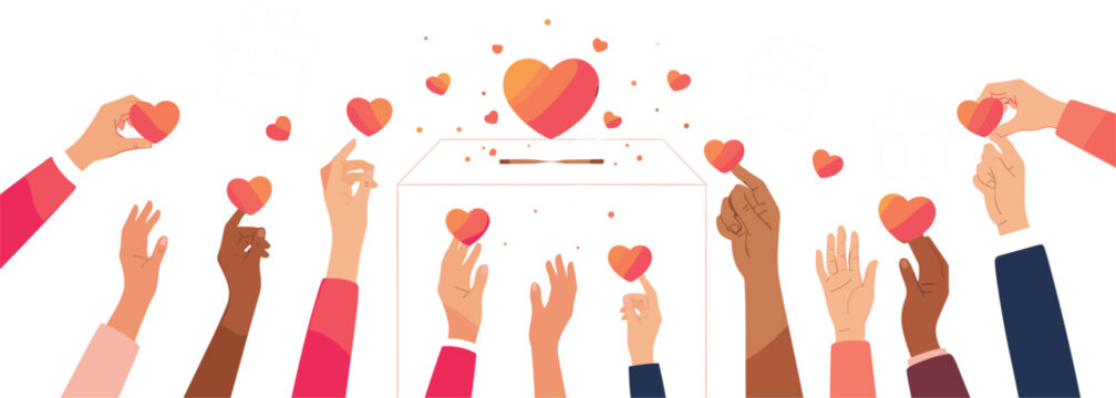 Diverse Hands Holding and Donating Hearts into Charity Box for Love, Kindness, Community Support, Volunteering, and Humanitarian Campaign Designs
