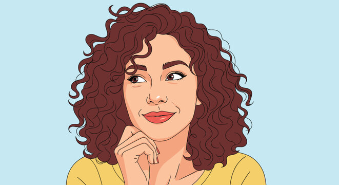 Beautiful young woman with voluminous curly brown hair and a yellow shirt gazes thoughtfully to the side while resting her chin on her hand in pose.