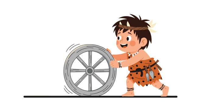 Young caveman boy wearing a leopard print tunic and a headband with bones pushes a large gray stone wheel across a flat surface with a happy smile.