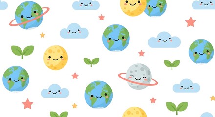 Obraz premium Cute seamless pattern with cartoon Earth planets, moons, clouds, stars, and green sprouts on a white background, perfect for children's designs.