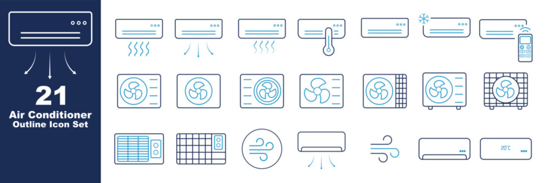Air Conditioner Outline Icon Set, Minimal Vector Line Illustrations for Split AC Units, Outdoor Compressors, HVAC Systems, and Climate Control UI Design.