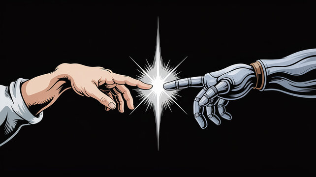 A dramatic digital artwork inspired by Michelangelo's Creation of Adam, set against a dark black background