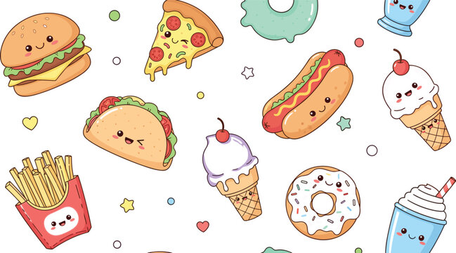 Cute Kawaii Fast Food Character Set with Burger, Pizza, Donut, Hot Dog, and Ice Cream for Fun and Kids Design ProjectsCute Kawaii Fast Food Character Set 