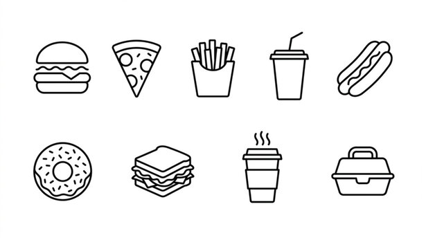 Fast Food Outline Icon Set Vector Illustration with Pizza Slice, French Fries, Drink Cup, Sandwich, and Coffee Cup for Menus, Apps, and Digital Designs