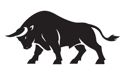 Fototapeta premium Powerful bull silhouette vector, muscular charging ox mascot, black buffalo animal icon on white background, strong bull logo for sports and finance