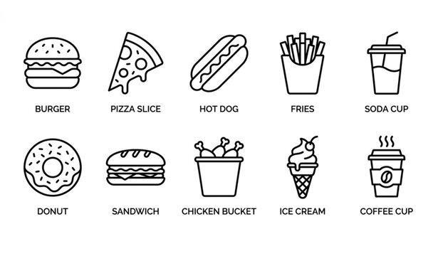 Fast Food Icon Set Vector Illustration with Pizza Slice, Hot Dog, Fries, Sandwich, Chicken Bucket, and Ice Cream Cone for Menus, Apps, and Digital Designs