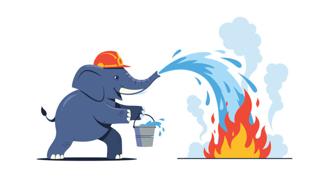 Brave blue elephant wearing a construction helmet using its trunk to spray water on a fire to extinguish the flames and smoke.