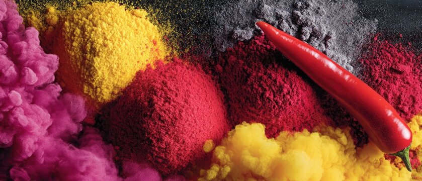 Red chili pepper stands in flames with red powder exploding beneath it, surrounded by grey smoke, against a black background showcasing premium photography techniques