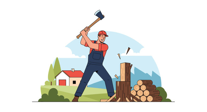 Strong lumberjack in overalls and a red hat swinging an axe to chop a tree log on a stump in the mountains near a small house.