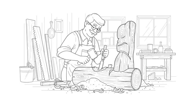 Skilled woodworker in a workshop using a hammer and chisel to carve a statue from a large log with tools on the wall behind.