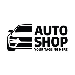 Obraz premium Auto shop logo with car front view silhouette and bold modern typography.