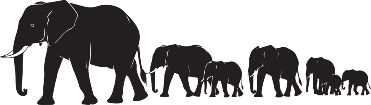 Black silhouette elephants of varying sizes walking in a line