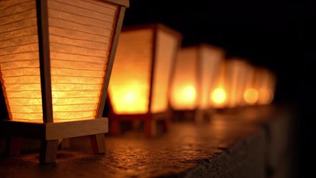 Row of glowing paper lanterns, warm light illuminating a dark night, serene atmosphere, decorative outdoor lighting, celebration ambiance