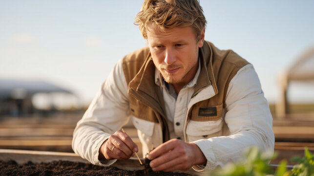 Environmental scientist examining soil core sample collected from community garden raised bed, scientific gardening, sustainable agriculture, World Environment Day research, soil health assessment, 