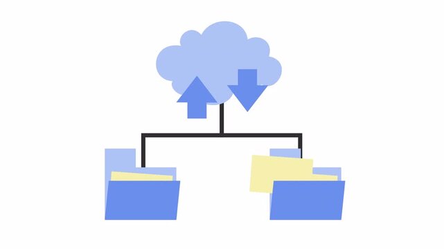Cloud computing synchronization with folders and upload download arrows in a cartoon animation. Digital data transfer and cloud storage network diagram isolated on the alpha channel.