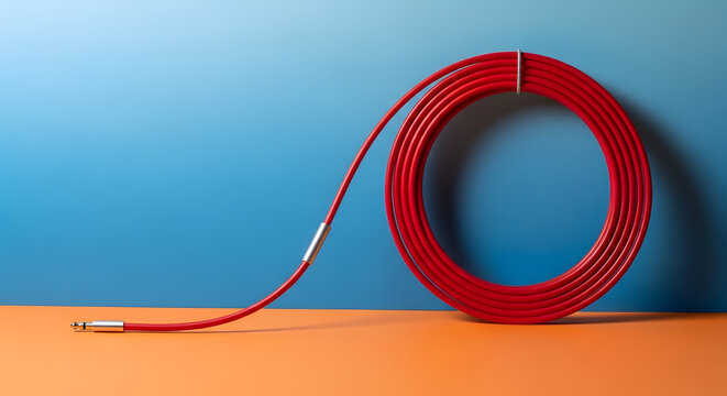 Red coiled cable with connector on orange surface against blue background