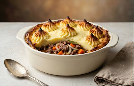Hachis Parmentier topped with golden meringue, served in white ceramic dish. Concept of cozy, inviting meal featuring shepherds pie with beef mashed potatoes.