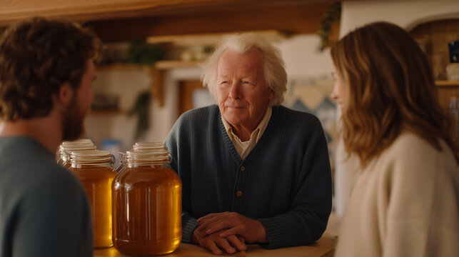 Family watching father demonstrate home brewing beer process over kitchen counter with fermentation airlock, home craft education, hobby sharing, intergenerational activity, DIY culture, weekend pro