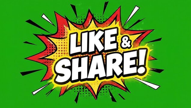 Animated comic style like and share social media sign on green background.