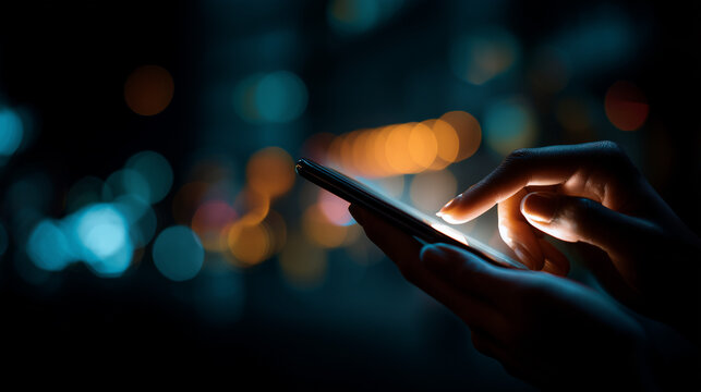 Hand interacting with smartphone screen in dark environment with blurred city lights, symbolizing mobile connectivity, data usage, and modern digital interaction.