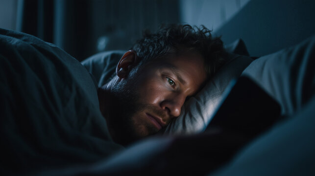 Man lying awake at night in bed, insomnia and sleep disorder concept, blue light and anxiety affecting rest and mental health.