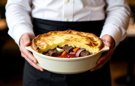 Close-up of chef's hands holding golden-brown Hachis Parmentier, showing layers of beef and mashed potatoes. Concept of comfort food, shepherds pie with beef mashed potatoes.