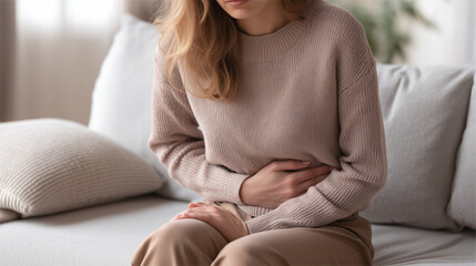 Fototapeta premium Young woman sitting on sofa holding stomach in pain, abdominal discomfort and digestive issue, healthcare and lifestyle concept.