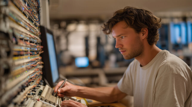 Fiber optic splicing technician works at a fusion splicer mounted in a rack cabinet inside a telecommunications room, magnified splice view visible on a small display screen while racks of patch pan