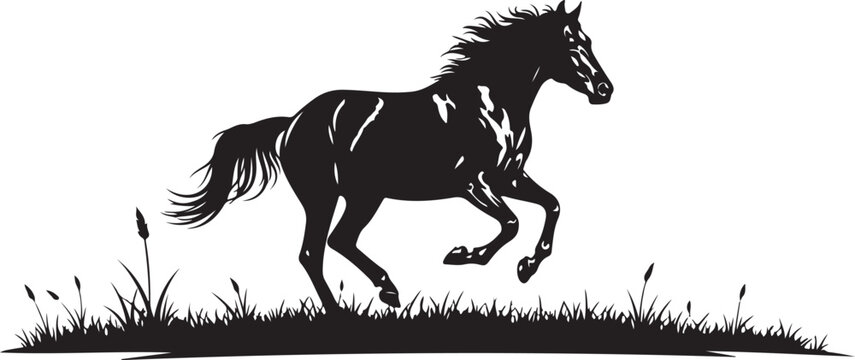 Black silhouette of a galloping horse in tall grass white