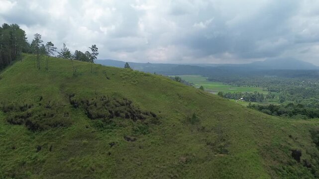 tunning aerial drone view of a sharp mountain ridge covered in lush green grass and pine trees under an overcast sky. Layers of forested hills and valleys extend into the misty distance, revealing th