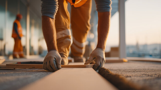 Fiber optic installation crew pulls a preconnectorized trunk cable through a fire-rated floor penetration sleeve on a commercial building floor plate, one technician guiding the furcation fan from a