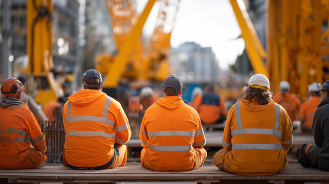 Site manager conducts a toolbox talk under a tower crane's shadow on a major hospital construction project, workers in full PPE seated on upturned buckets and formwork plank benches in an open concr