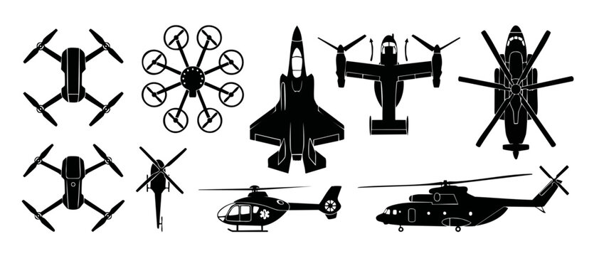 Aircraft and Drone Silhouette Set: Collection of Military Jets, Helicopters, and Quadcopters for Aviation Design Projects and Technical Diagrams, Flat Vector Icons Isolated on White Background for Inf