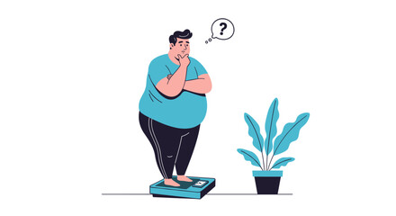 Fototapeta premium Concerned man stands on a bathroom scale while looking at his weight and wondering how to start a healthy diet and fitness routine.