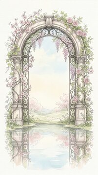 Surreal Spring Floral Archway Portal with Ethereal Light and Water Reflection