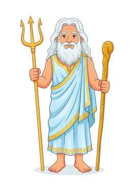 Poseidon cartoon character with trident and staff on transparent background