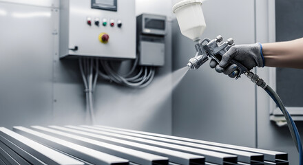 Naklejka premium Industrial spray painting process | Professional powder coating application | Metal surface finishing treatment | Handheld spray gun in workshop