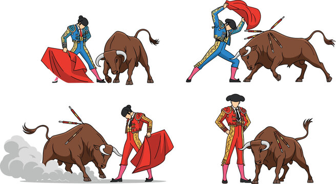 Bullfighting Matador Characters Set with Spanish Torero and Bull Arena Action Scenes, Traditional Corrida Performance Illustration Collection