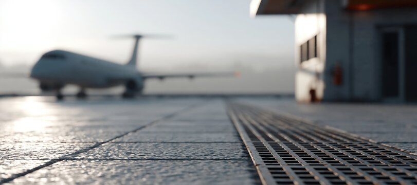 Clean rooftop landing pad with unmarked transport aircraft in distance under overcast sky