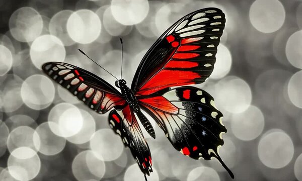 Close-up of a stunning butterfly with red and black wings, set against a soft, gray bokeh background