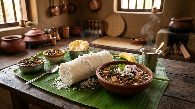 Traditional Indian Kerala sadya meal on banana leaf with rice and curry