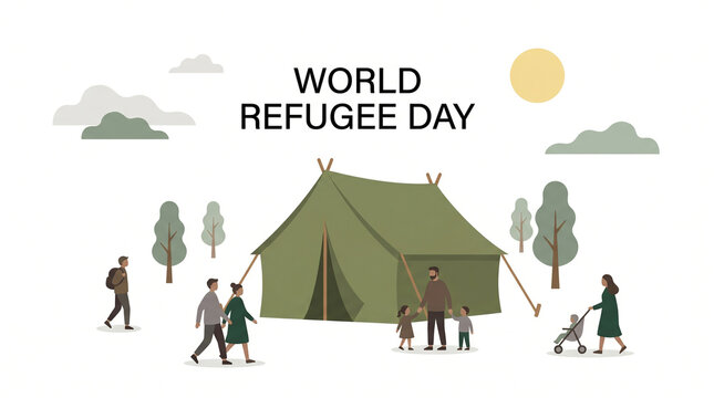World refugee day vector illustration featuring a large green tent and diverse groups of displaced people, families, and children in a camp
